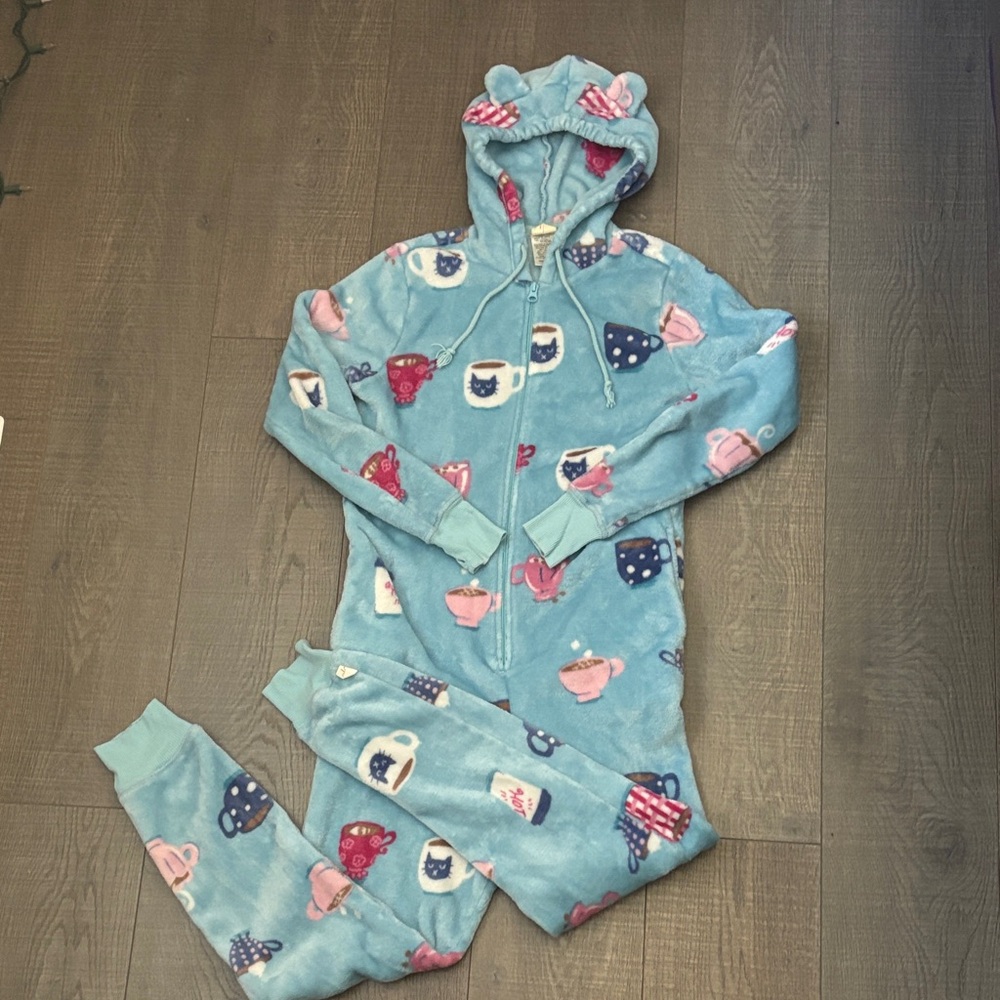 munki munki Light Blue Plush Hooded Onesie with Mug Print